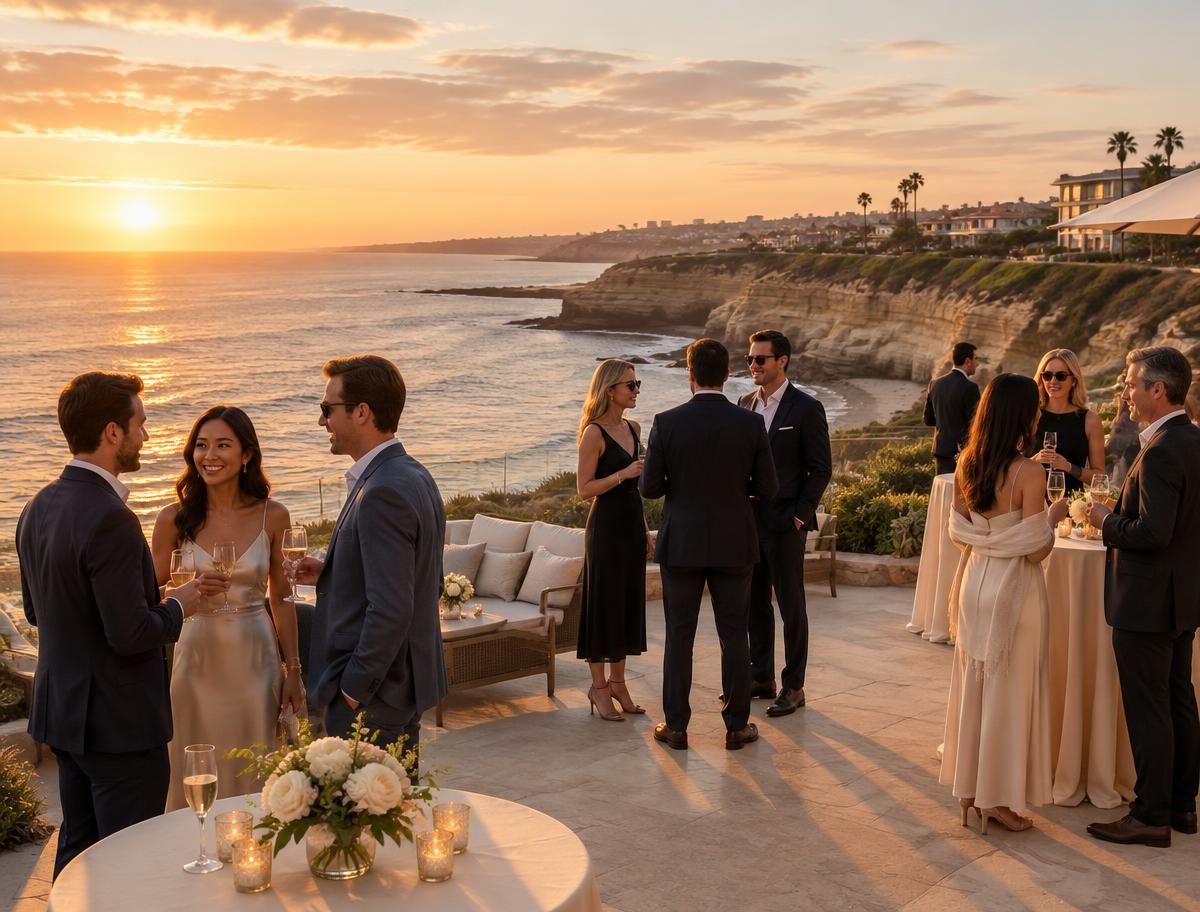 Sunset cocktail reception on a coastal terrace overlooking the ocean in La Jolla